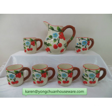 Color Hand-Painted Ceramic Pitcher with Mugs